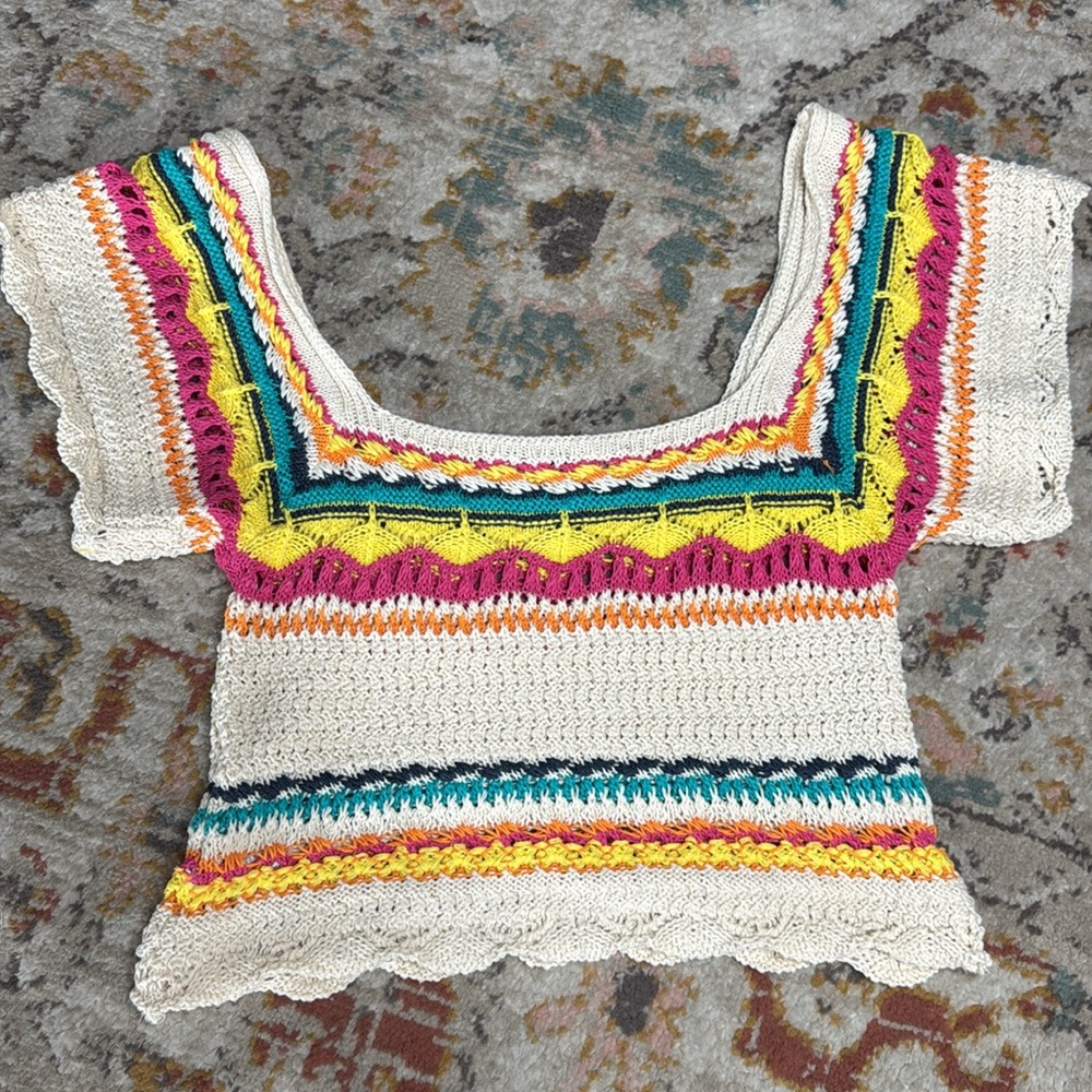 Zara Multi Color Cream Crotched Cropped‎ Cap Sleeve Top - medium - Picture 12 of 17